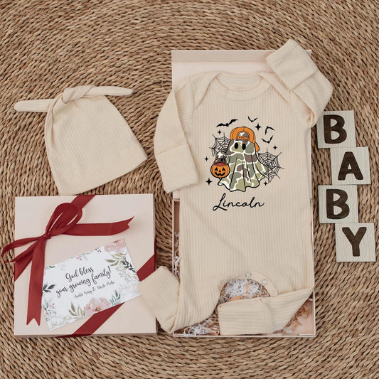 Personalized Spooky Ghost Baby Boy Bodysuit Lincoln Halloween Newborn Outfit Camo Orange Cap Jack-o-Lantern Halloween Coming Home Baby Shower Gift