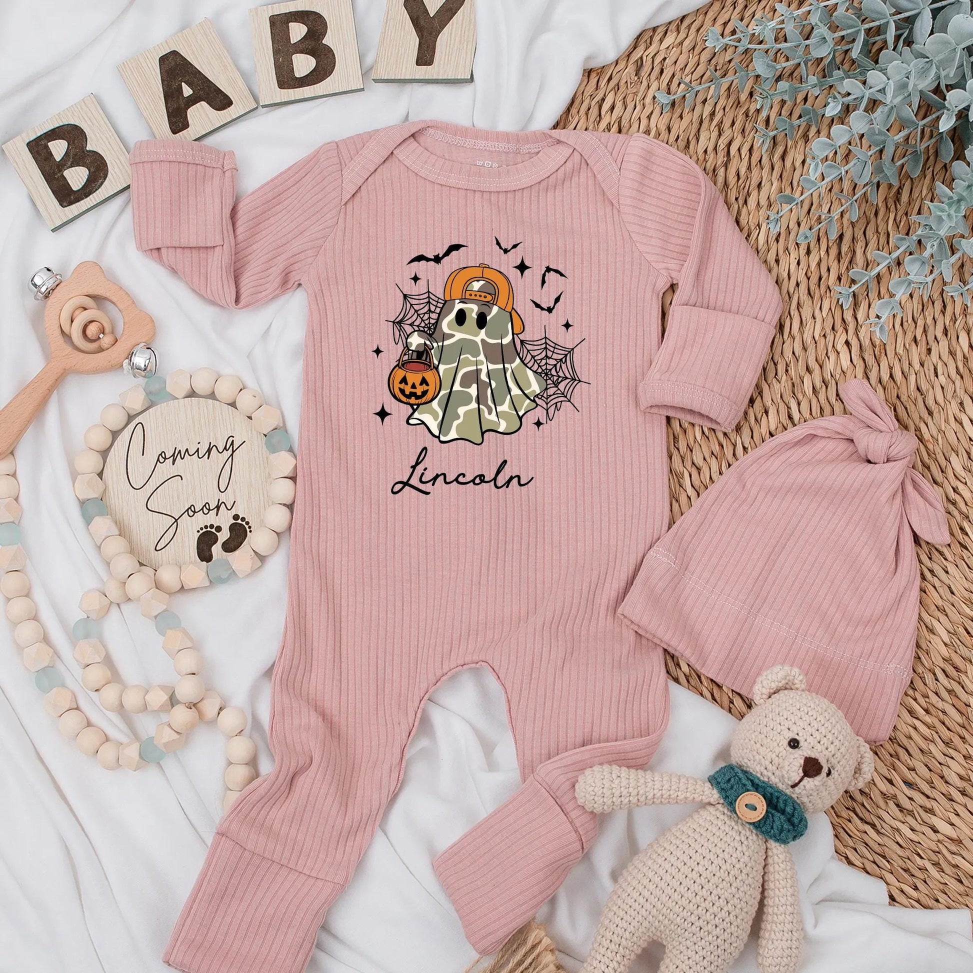 Personalized Spooky Ghost Baby Boy Bodysuit Lincoln Halloween Newborn Outfit Camo Orange Cap Jack-o-Lantern Halloween Coming Home Baby Shower Gift