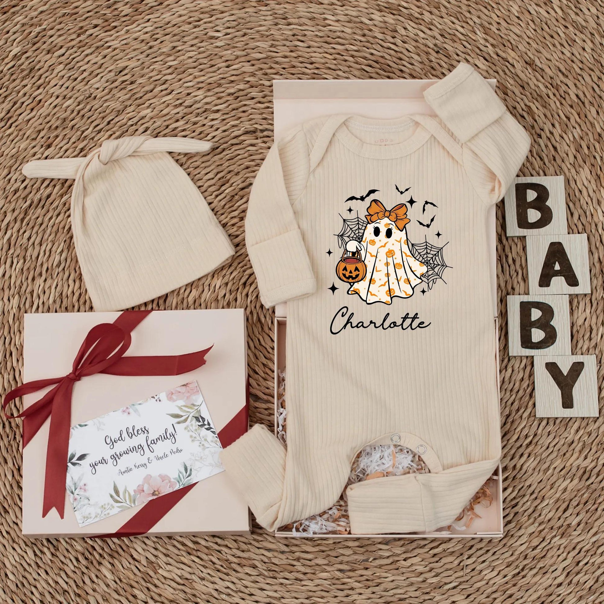 Personalized Baby Girl Halloween Bodysuit Cute Ghost with Pumpkin & Stars Charlotte Name First Halloween Outfit Baby Shower Gift Spooky Season