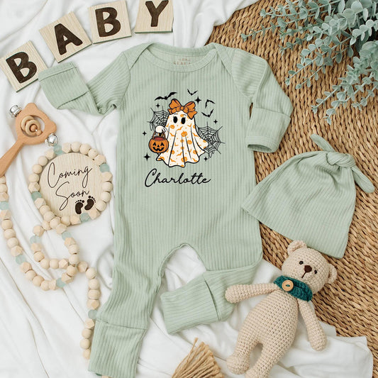 Personalized Baby Girl Halloween Bodysuit Cute Ghost with Pumpkin & Stars Charlotte Name First Halloween Outfit Baby Shower Gift Spooky Season