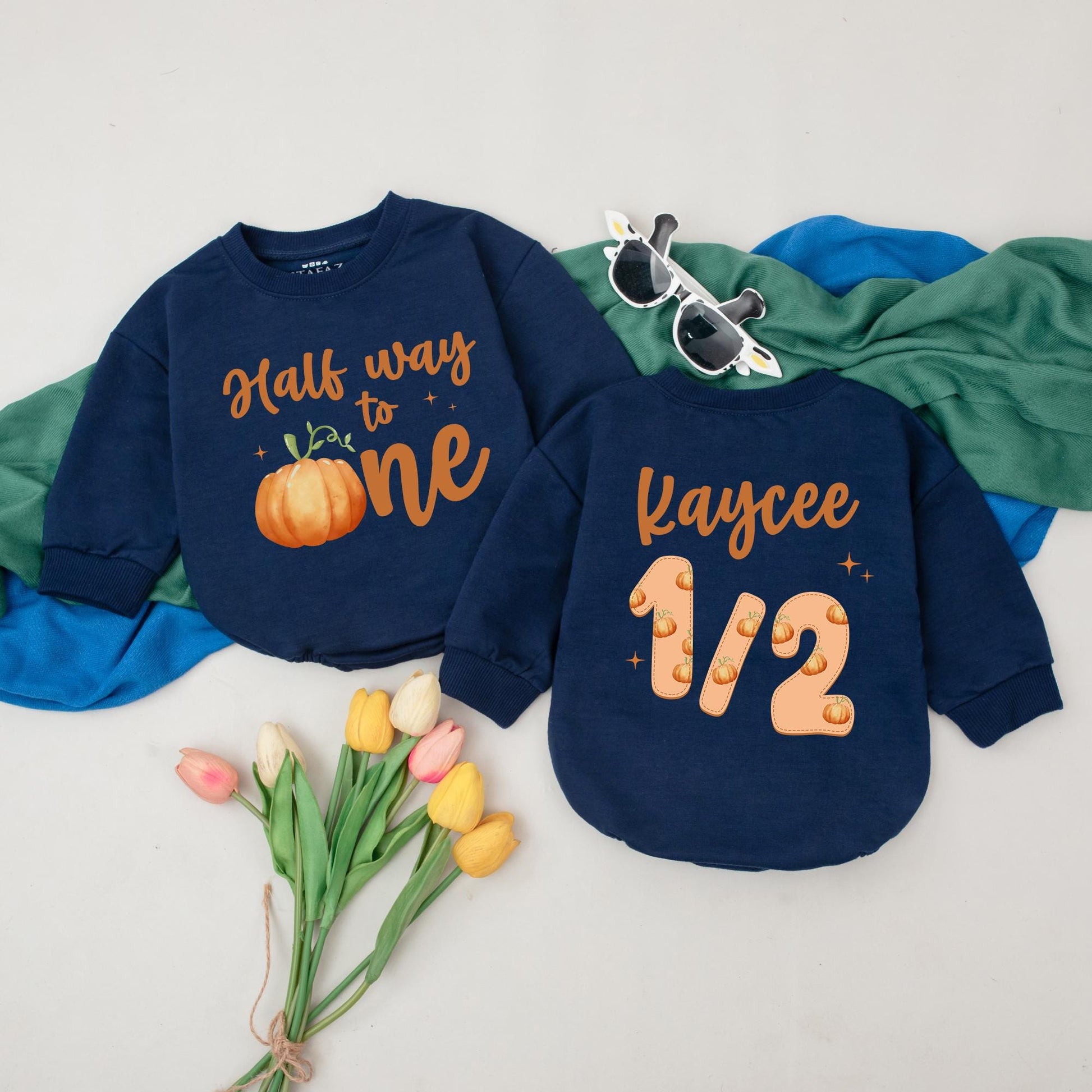 Personalized Half Way to One Pumpkin Romper Whimsical Fall Half Birthday Outfit for Baby Girl 6 Months Celebration Gift