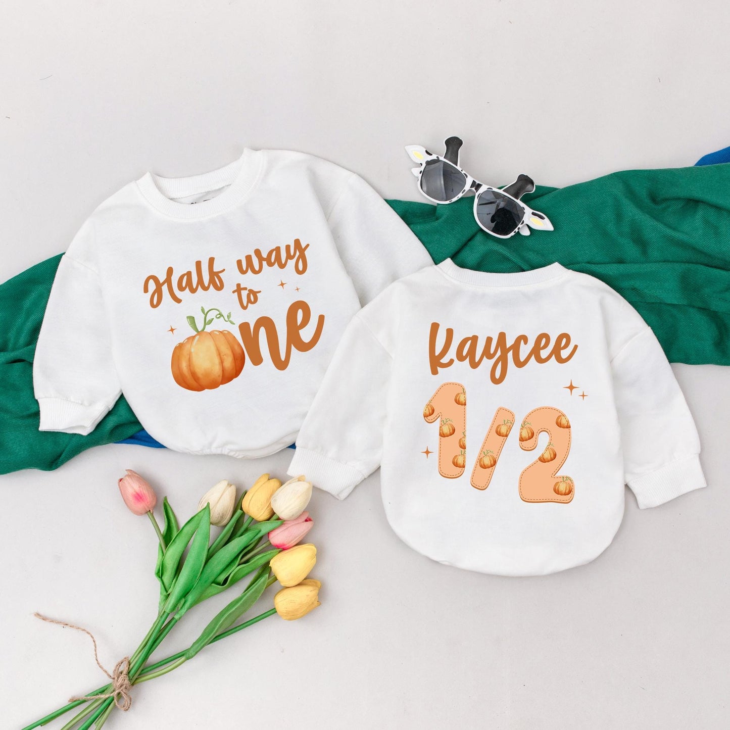 Personalized Half Way to One Pumpkin Romper Whimsical Fall Half Birthday Outfit for Baby Girl 6 Months Celebration Gift