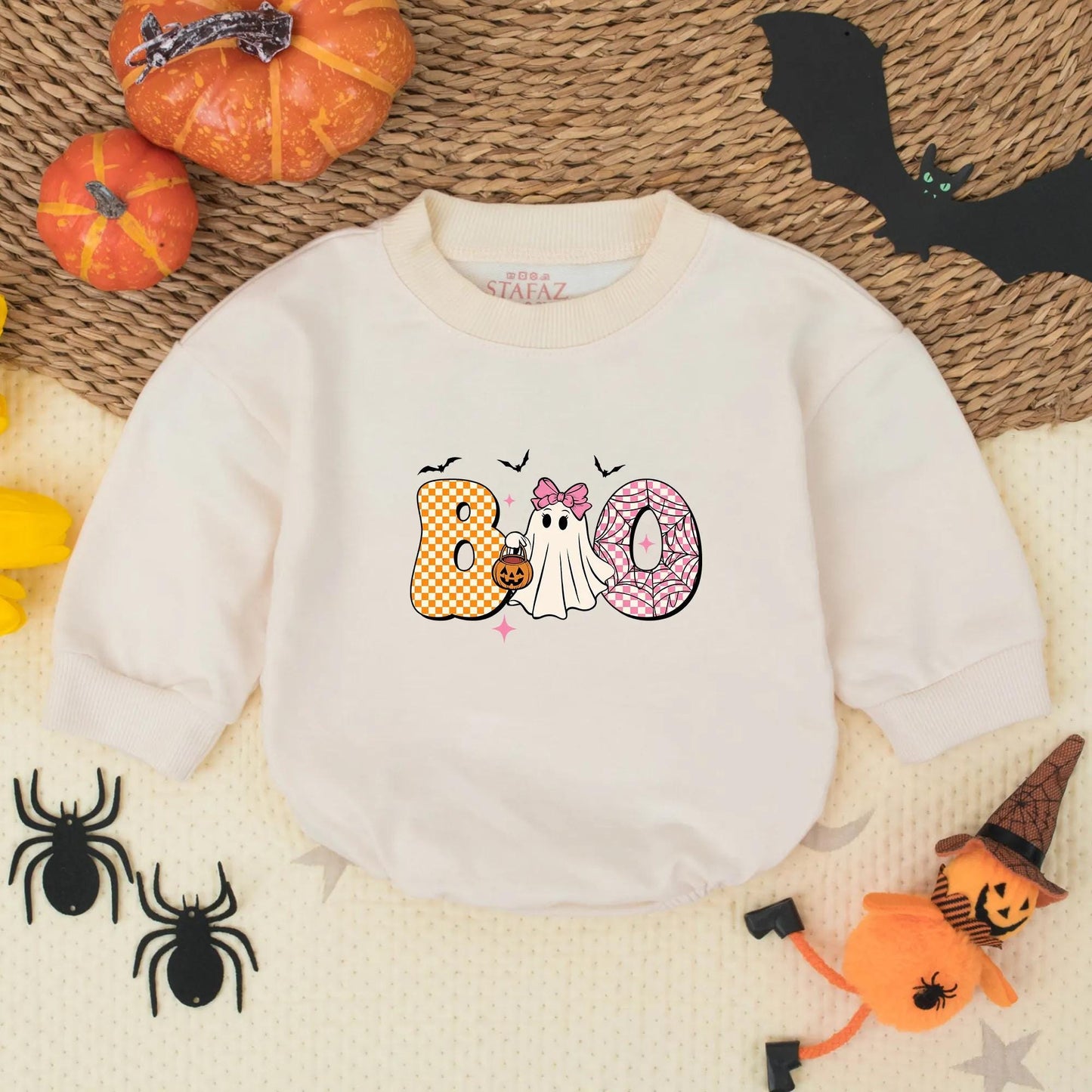 Cute Boo Ghost Toddler Sweatshirt, Halloween Kids Tee, Playful Cartoon Shirt with Bats & Stars, Girly Halloween Outfit, Soft Cotton Fall Shirt 139