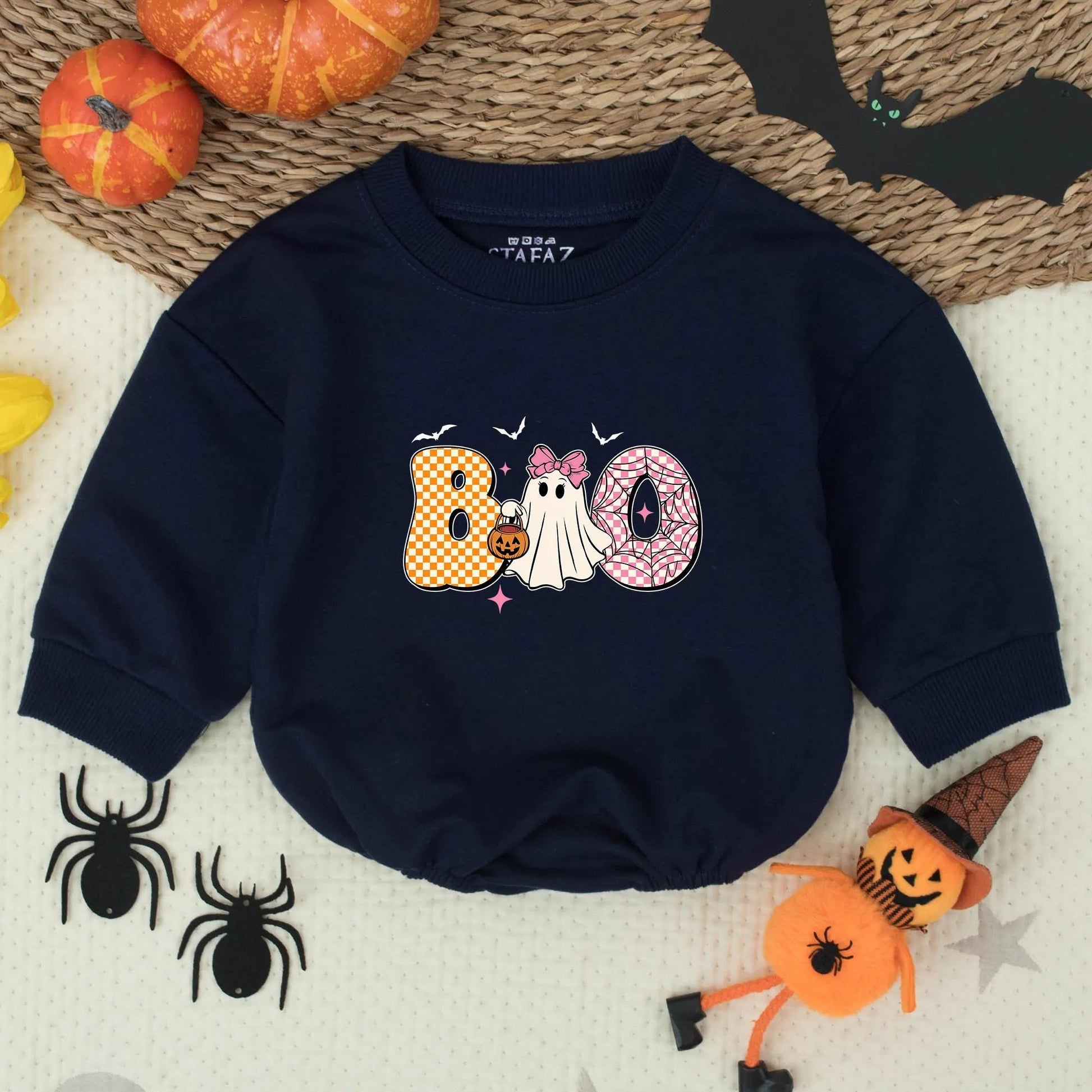 Cute Boo Ghost Toddler Sweatshirt, Halloween Kids Tee, Playful Cartoon Shirt with Bats & Stars, Girly Halloween Outfit, Soft Cotton Fall Shirt 139