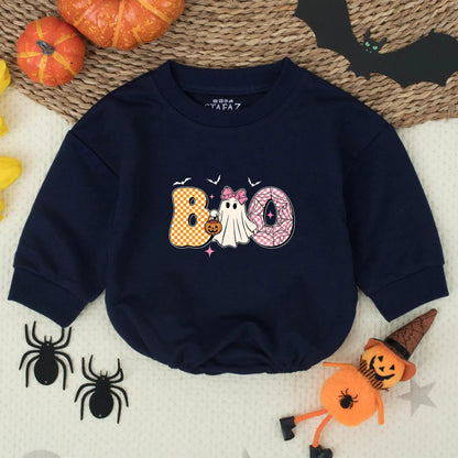 Cute Boo Ghost Toddler Sweatshirt, Halloween Kids Tee, Playful Cartoon Shirt with Bats & Stars, Girly Halloween Outfit, Soft Cotton Fall Shirt 139