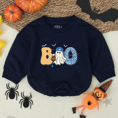 Cute Boo Ghost Toddler Halloween Shirt with Checkerboard Letters Bats and Stars Playful Blue Baseball Cap Pumpkin Candy Bucket Design