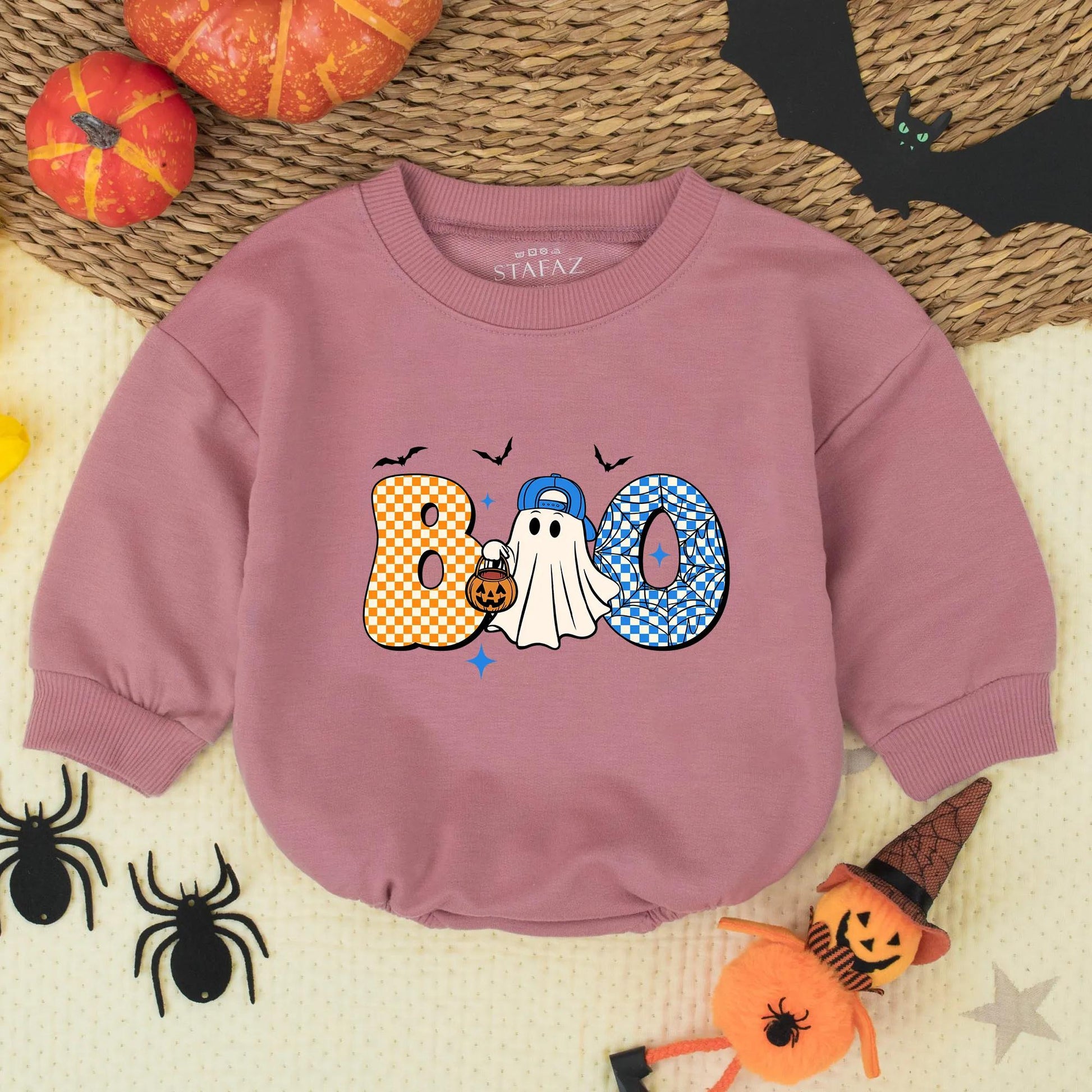 Cute Boo Ghost Toddler Halloween Shirt with Checkerboard Letters Bats and Stars Playful Blue Baseball Cap Pumpkin Candy Bucket Design