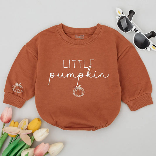 Personalized Little Pumpkin Baby Romper Cute Fall Bodysuit Custom Name Sleeve Design Natural Thanksgiving Matching Outfit Style