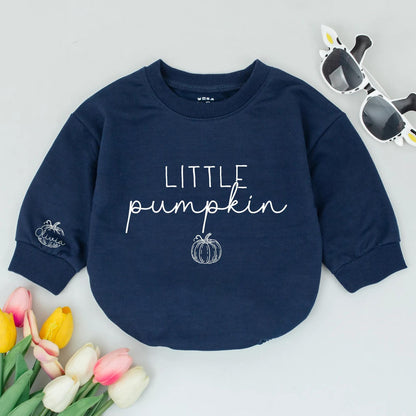 Personalized Little Pumpkin Baby Romper Cute Fall Bodysuit Custom Name Sleeve Design Natural Thanksgiving Matching Outfit Style