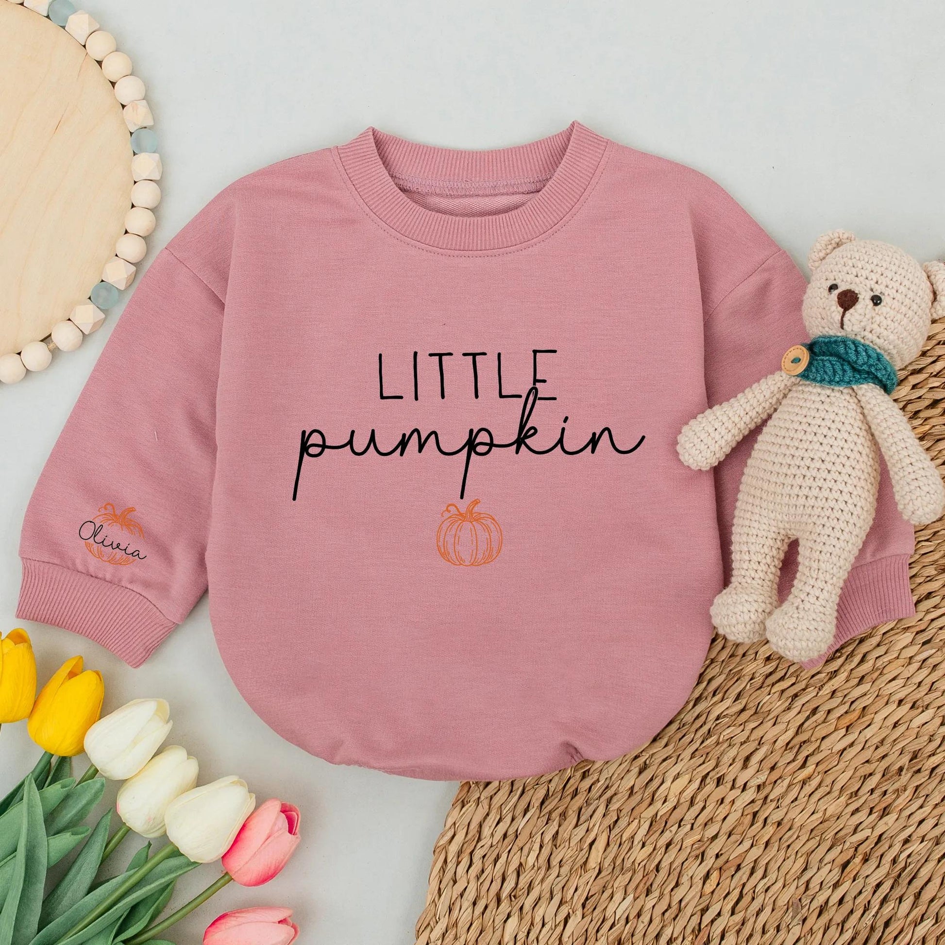 Personalized Little Pumpkin Baby Romper Cute Fall Bodysuit Custom Name Sleeve Design Natural Thanksgiving Matching Outfit Style