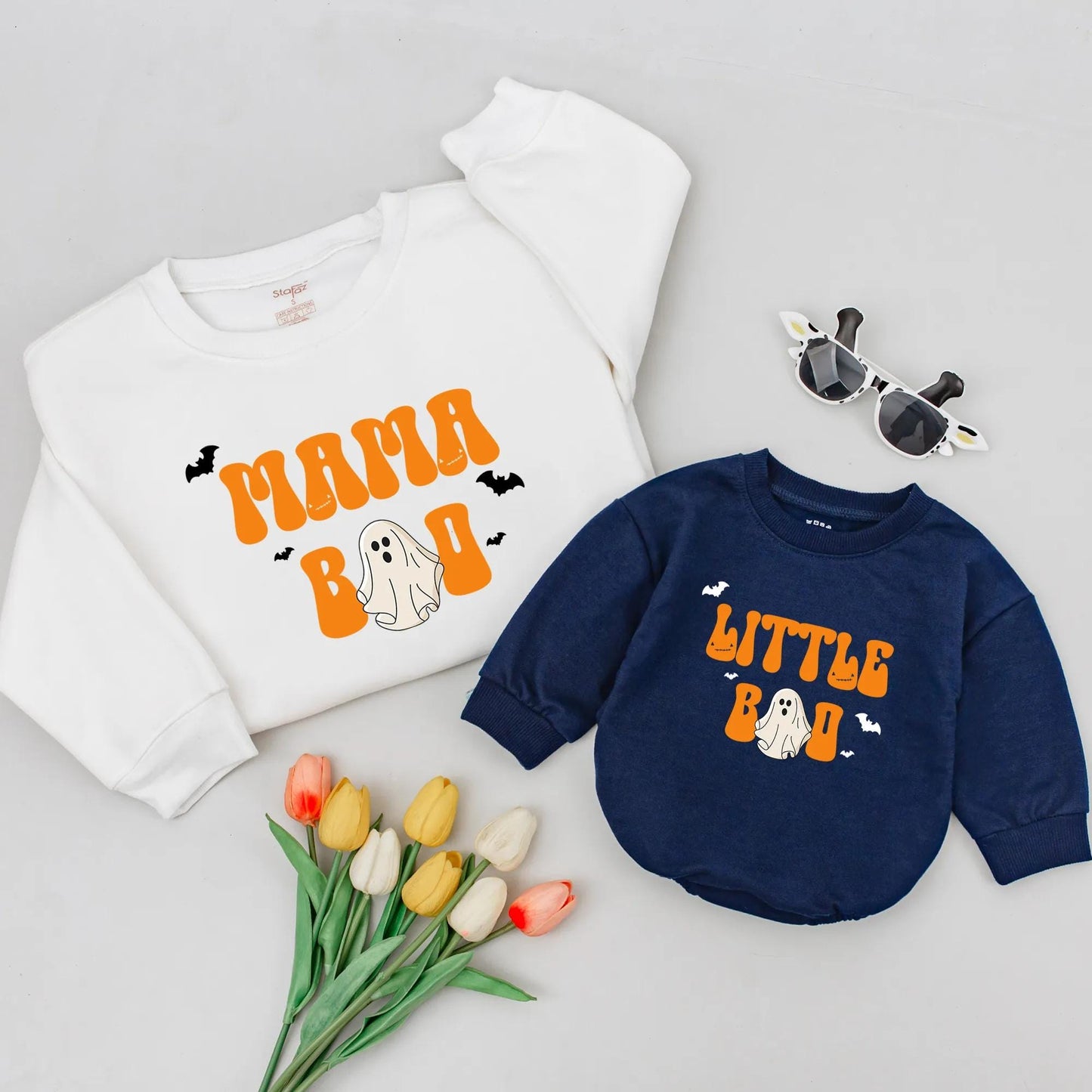 Matching Mama Boo & Little Boo Halloween Sweatshirt, Retro Ghost Romper Outfit Mom & Me Fall Baby Gift