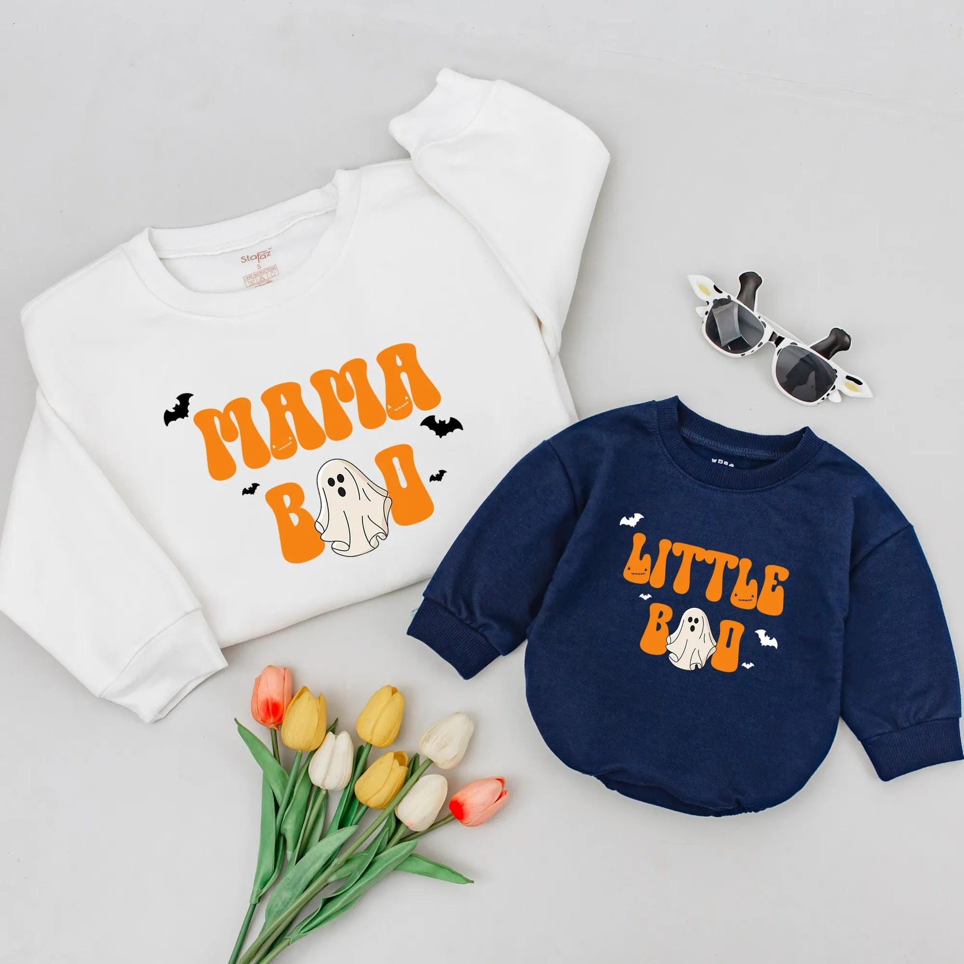 Matching Mama Boo & Little Boo Halloween Sweatshirt, Retro Ghost Romper Outfit Mom & Me Fall Baby Gift