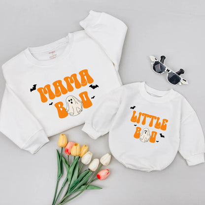 Matching Mama Boo & Little Boo Halloween Sweatshirt, Retro Ghost Romper Outfit Mom & Me Fall Baby Gift