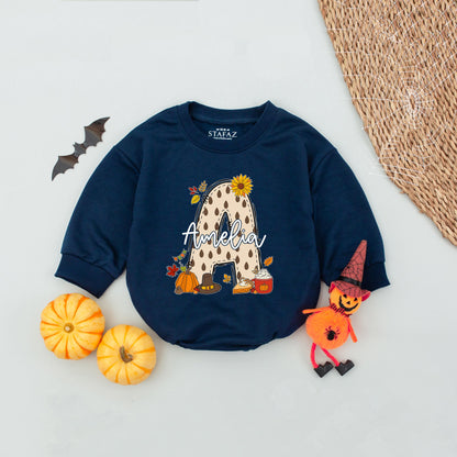 Custom Fall Bubble Romper for Girls featuring Polka Dot A Design with Amelia Name, Autumn Sunflowers Pumpkins Leaves Pie Slice Theme Playful Baby Toddler Outfit