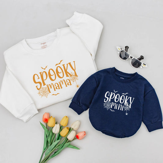 Spooky Mama & Mini Halloween Matching Shirts: Orange & White Spiderweb, Spider, Bat Designs, Mommy and Me Family Outfit