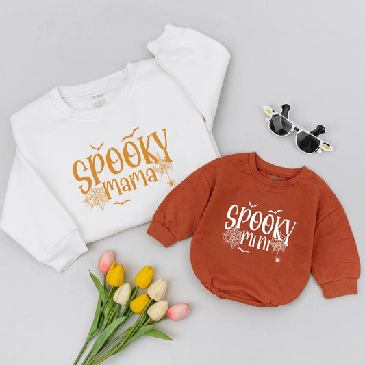 Spooky Mama & Mini Halloween Matching Shirts: Orange & White Spiderweb, Spider, Bat Designs, Mommy and Me Family Outfit