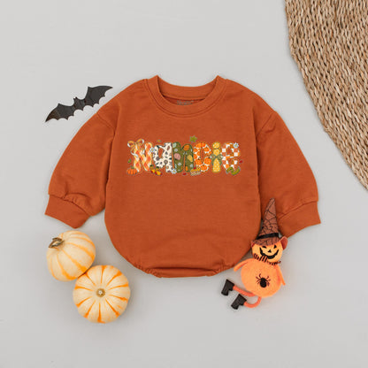 Custom Fall Name Bubble Romper Baby Toddler Girl, Playful Autumn Pumpkin Floral Letter Design Thanksgiving Halloween Outfit Infant Clothes