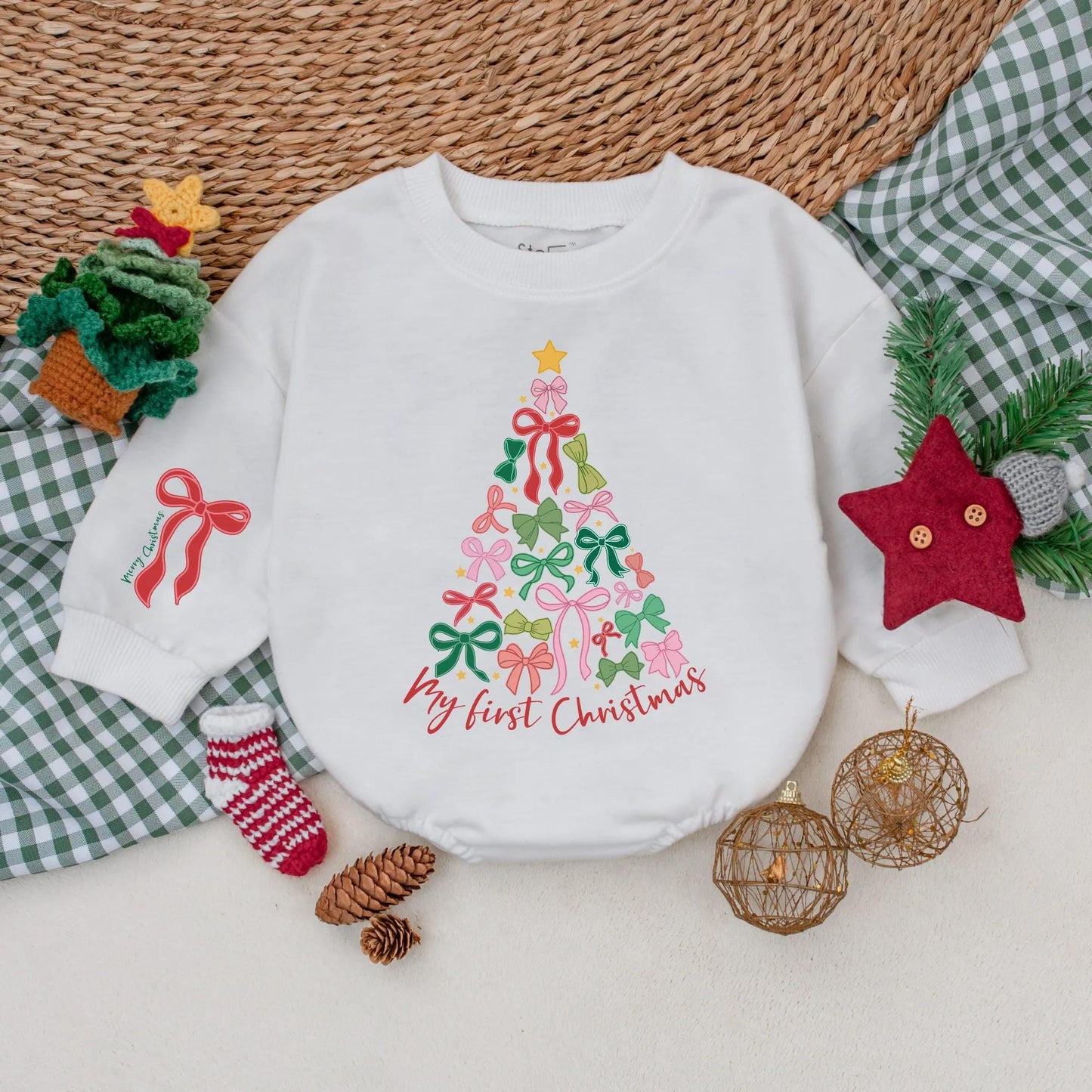 Baby Girl's My First Christmas Tree Bow Romper Outfit: Festive Holiday Baby Clothes with 'Merry Christmas' on Sleeve