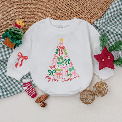 Baby Girl's My First Christmas Tree Bow Romper Outfit: Festive Holiday Baby Clothes with 'Merry Christmas' on Sleeve
