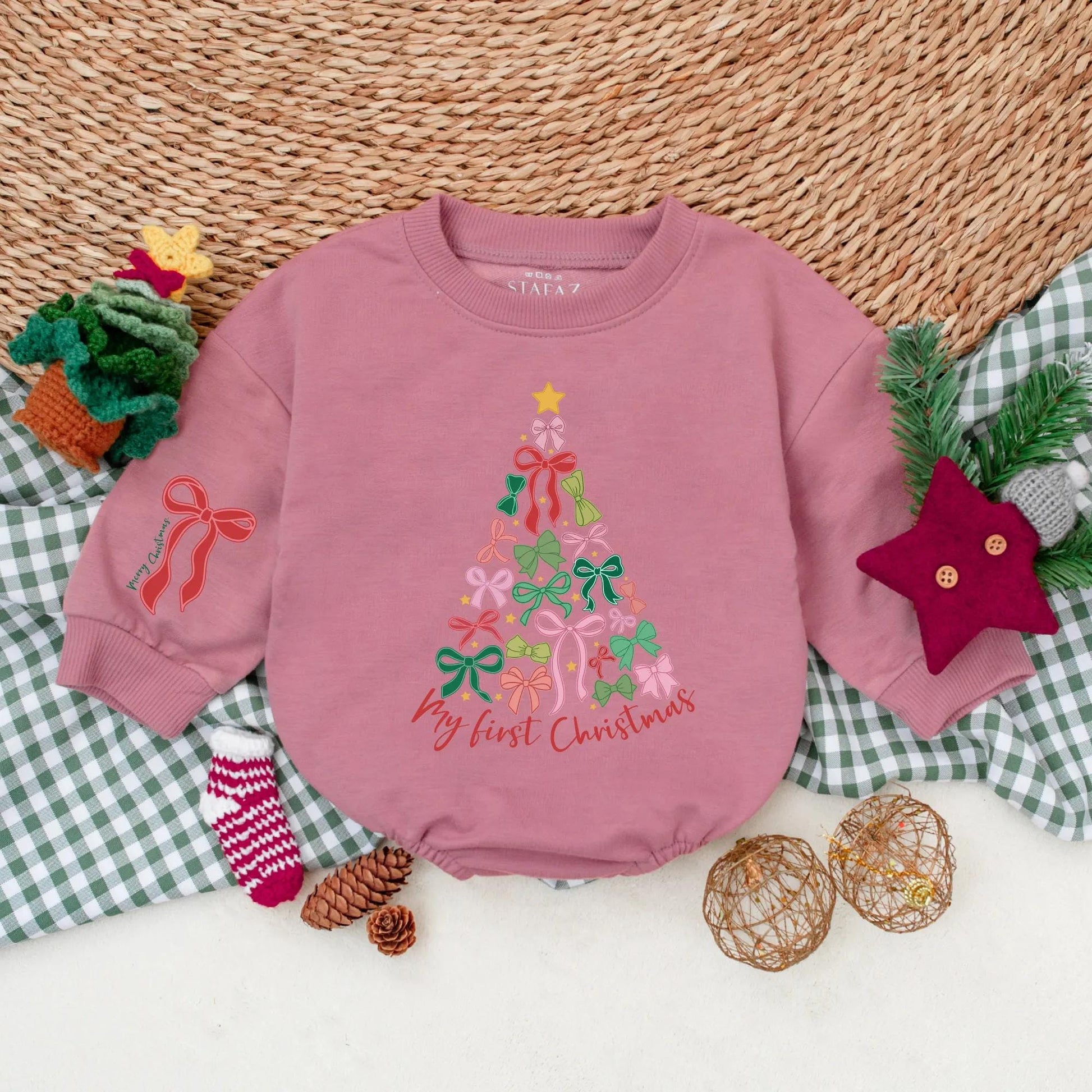 Baby Girl's My First Christmas Tree Bow Romper Outfit: Festive Holiday Baby Clothes with 'Merry Christmas' on Sleeve