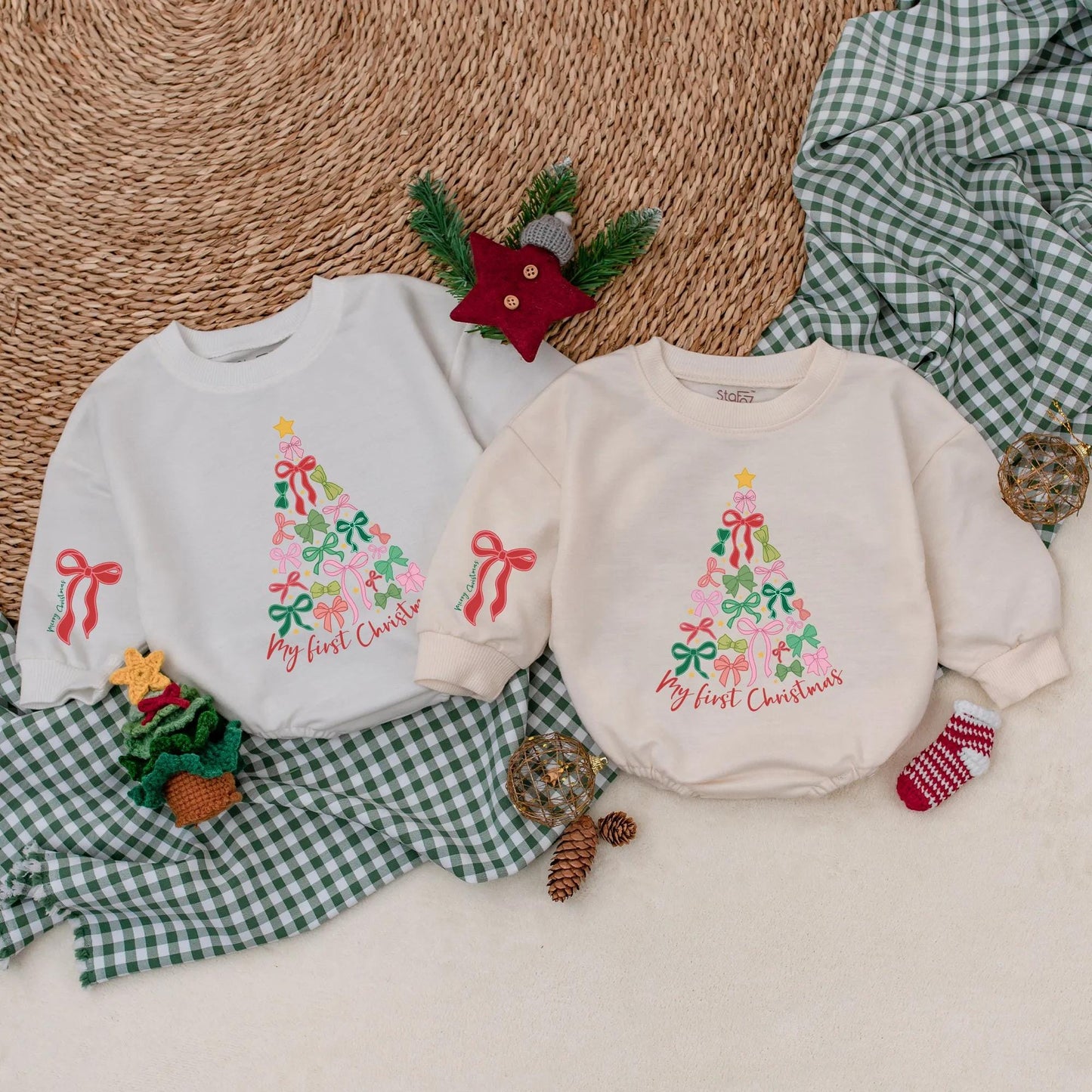 Baby Girl's My First Christmas Tree Bow Romper Outfit: Festive Holiday Baby Clothes with 'Merry Christmas' on Sleeve