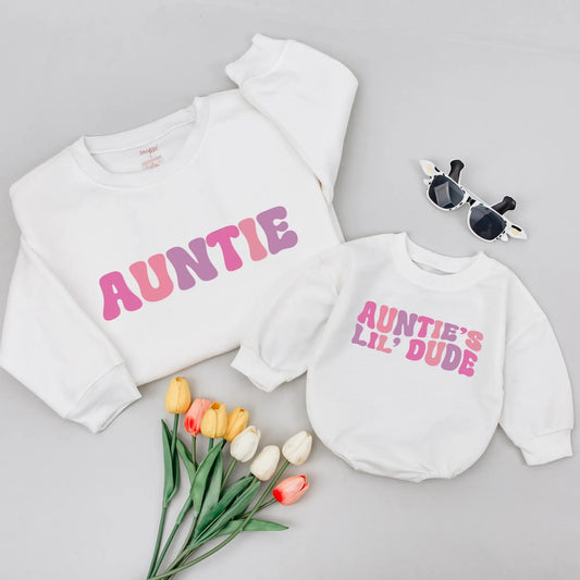 Retro Auntie and Lil' Dude Matching Sweatshirts Vintage Pink Purple Gradient Outfit for New Aunt Gift Baby Shower Birthday Toddler Boy
