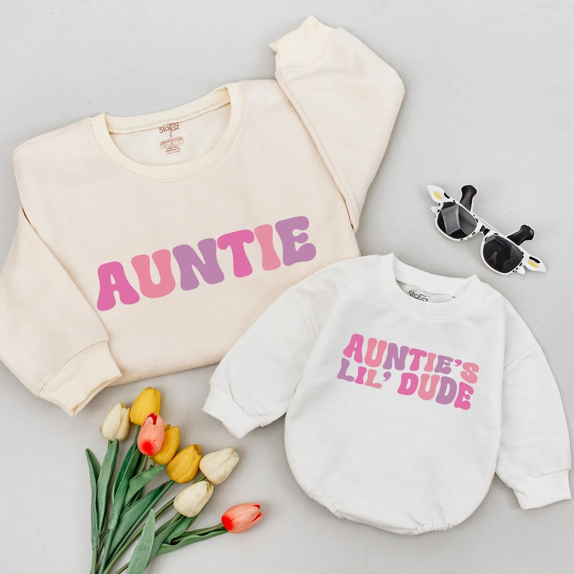 Retro Auntie and Lil' Dude Matching Sweatshirts Vintage Pink Purple Gradient Outfit for New Aunt Gift Baby Shower Birthday Toddler Boy