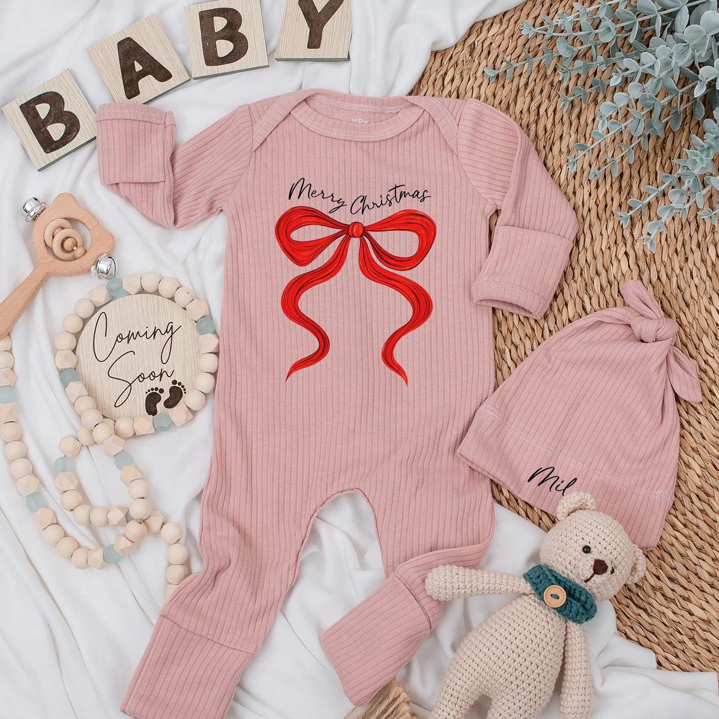 Merry Christmas Baby Bodysuit with Red Bow, Festive Newborn Girl Clothes, Custom First Christmas Outfit, Baby Shower Gift, Xmas