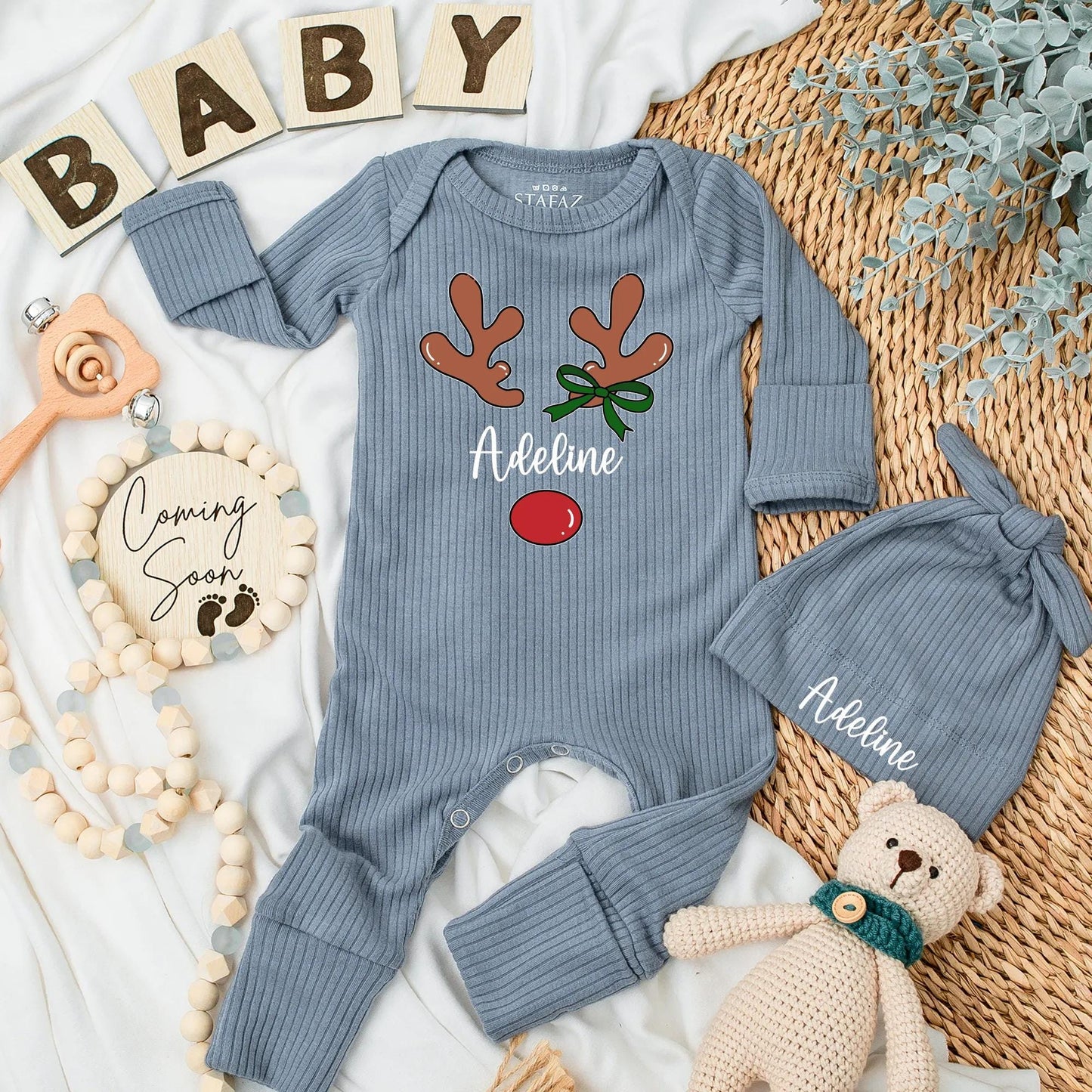 Personalized Reindeer Baby Girl Bodysuit My First Christmas Newborn Outfit with Cute Antler Name Design, Baby Shower Gift