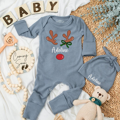 Personalized Reindeer Baby Girl Bodysuit My First Christmas Newborn Outfit with Cute Antler Name Design, Baby Shower Gift