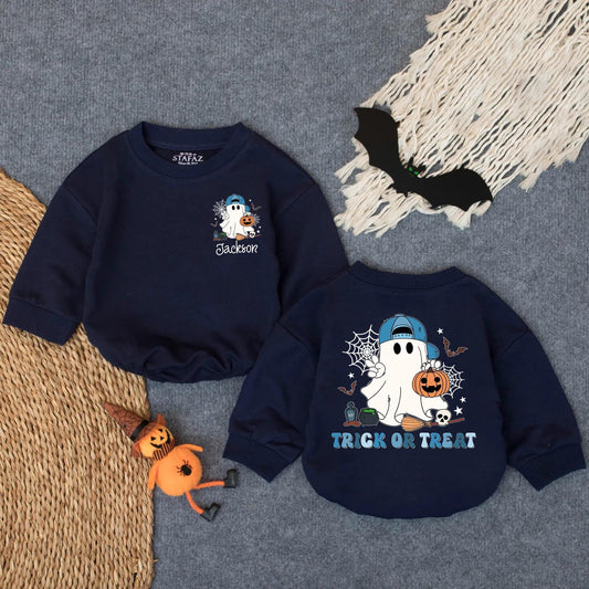 Custom Ghost Trick or Treat Bubble Romper Cute Halloween Baby Bodysuit Personalized Jackson Fall Toddler Outfit Pumpkin Patch Gift