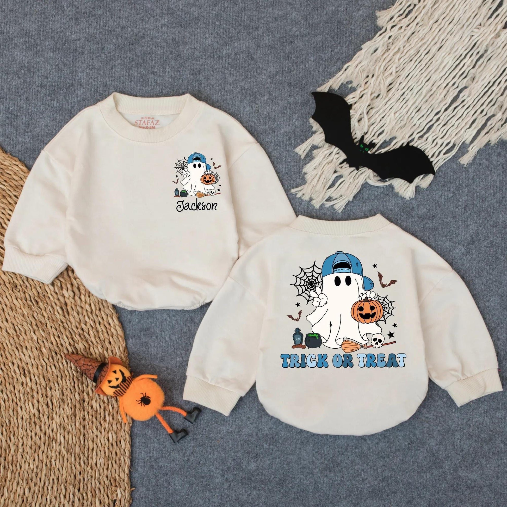 Custom Ghost Trick or Treat Bubble Romper Cute Halloween Baby Bodysuit Personalized Jackson Fall Toddler Outfit Pumpkin Patch Gift