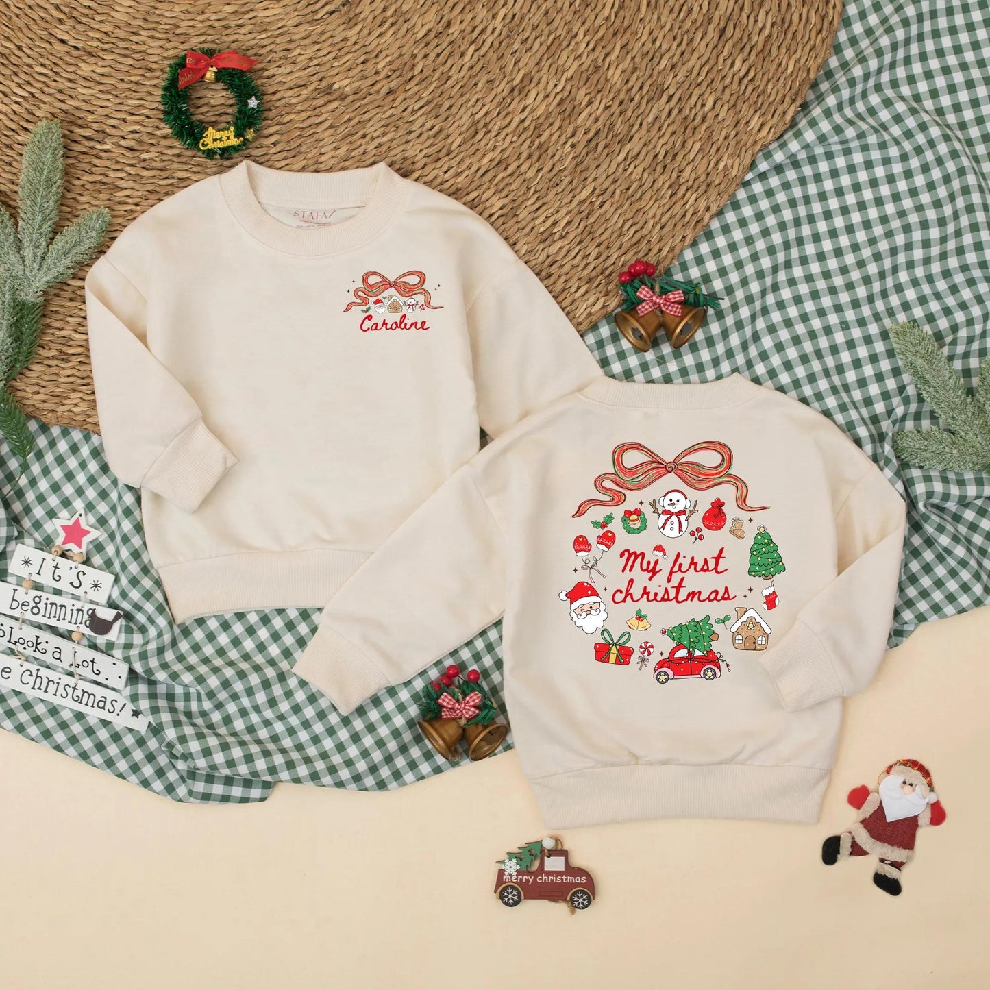 Personalized My First Christmas Bubble Romper Baby Girl adorable holiday outfit with festive bow snowman Santa tree graphics for a precious Christmas photo memory