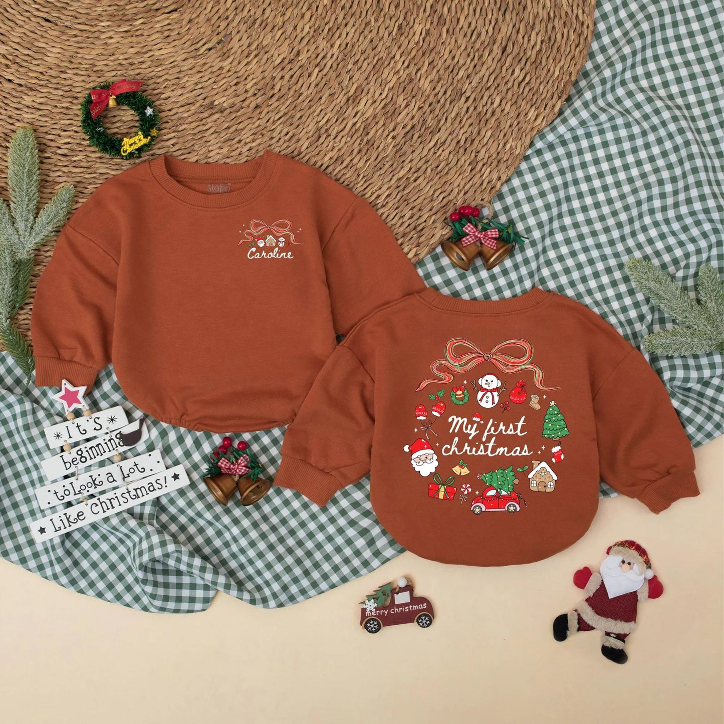 Personalized My First Christmas Bubble Romper Baby Girl adorable holiday outfit with festive bow snowman Santa tree graphics for a precious Christmas photo memory