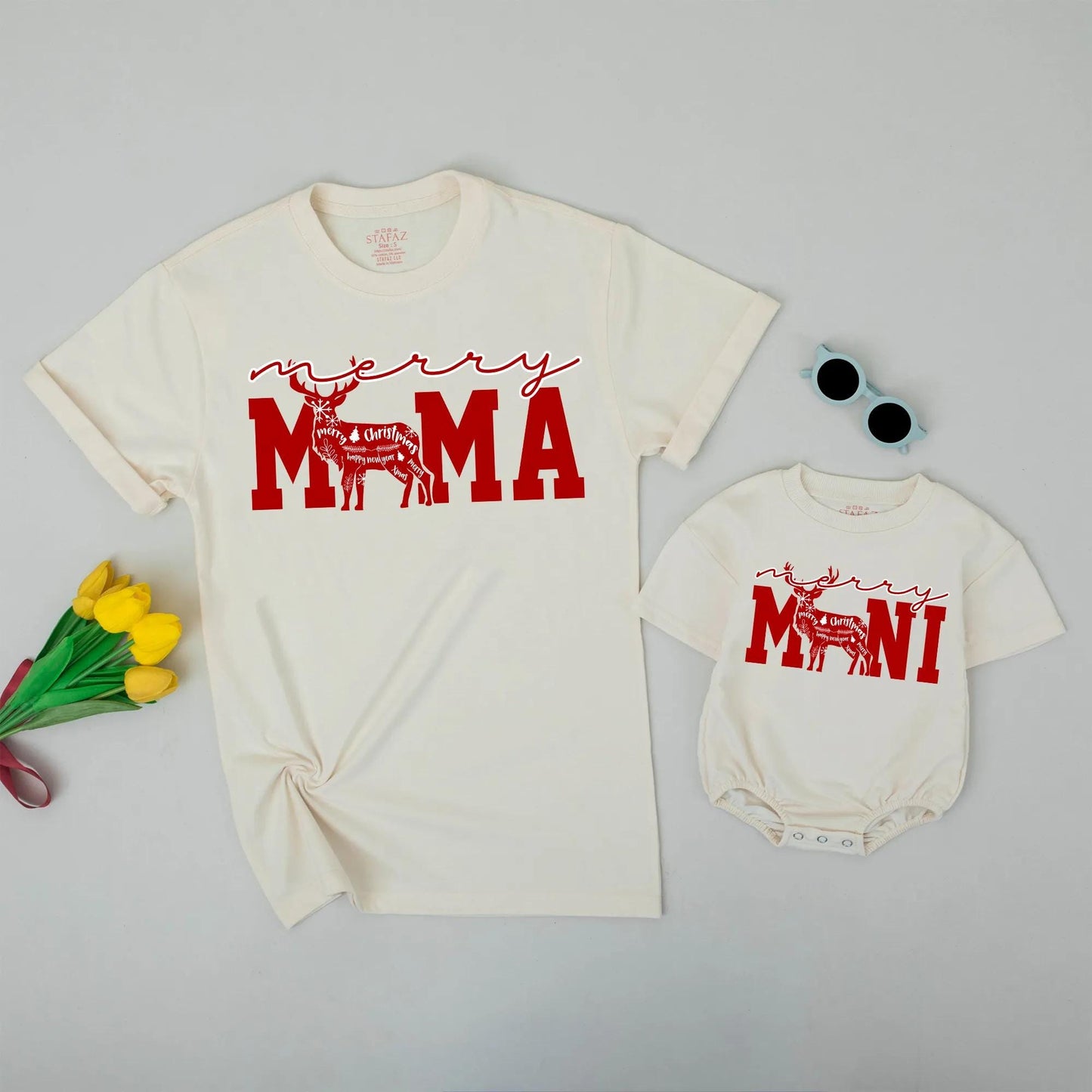 Merry Mama Mini Matching Family Christmas Sweater Red Reindeer Design Festive Holiday Text Cursive Blocky Font Soft Comfortable Crewneck Apparel