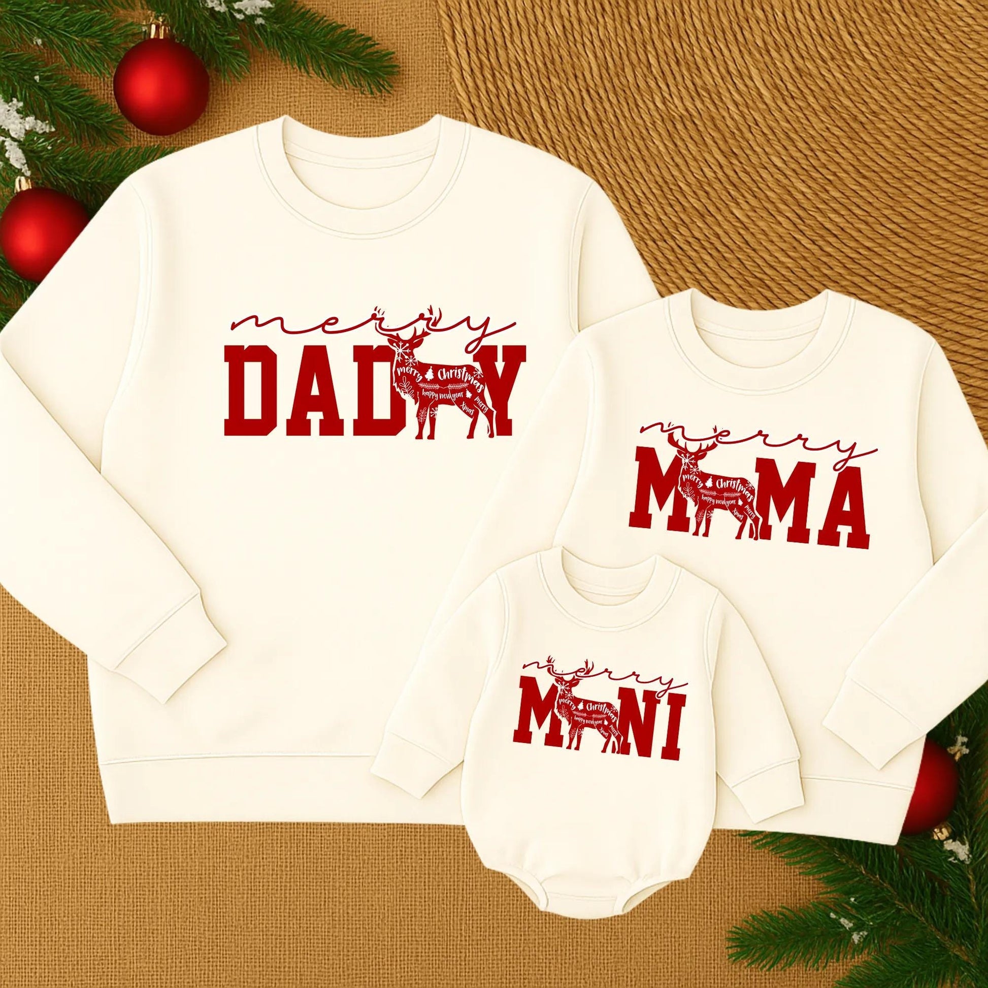 Merry Mama Mini Matching Family Christmas Sweater Red Reindeer Design Festive Holiday Text Cursive Blocky Font Soft Comfortable Crewneck Apparel