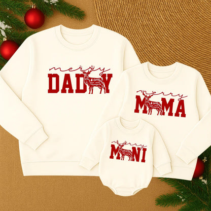 Merry Mama Mini Matching Family Christmas Sweater Red Reindeer Design Festive Holiday Text Cursive Blocky Font Soft Comfortable Crewneck Apparel