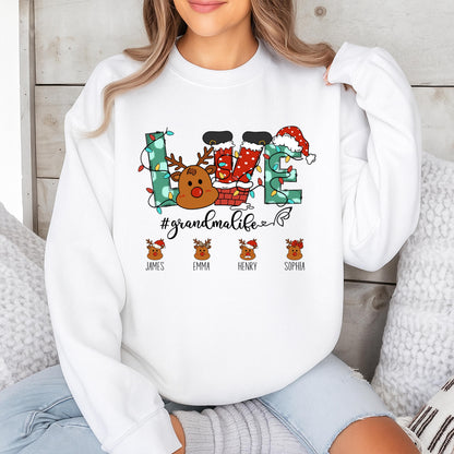 Custom Christmas Grandma Sweatshirt with Reindeer Love Letters Grandkid Names Festive Holiday Sweater Featuring Santa Hat & Stockings #GrandmaLife