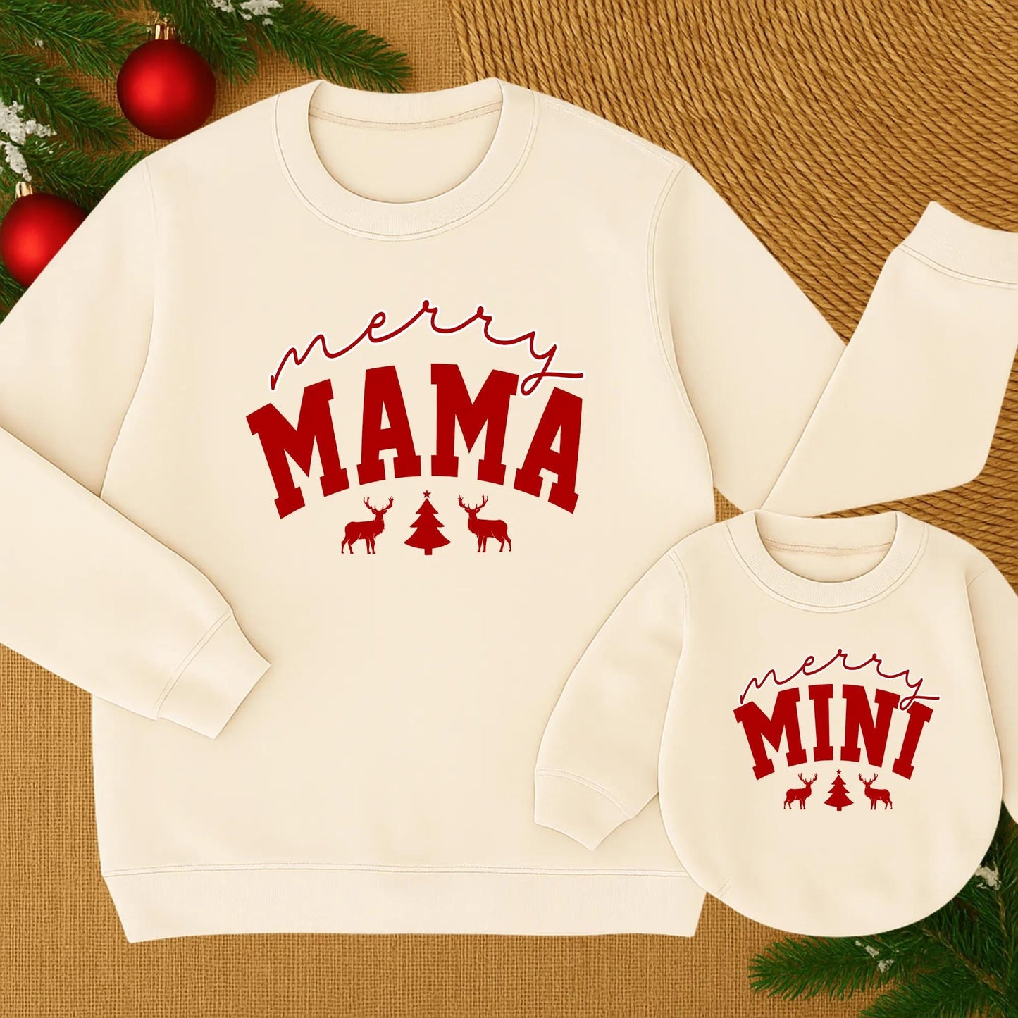 Merry Mama and Merry Mini Matching Christmas Sweatshirt Set with Festive Reindeer Tree Design Cozy Mom and Infant Holiday Apparel Soft Family Winter Wear