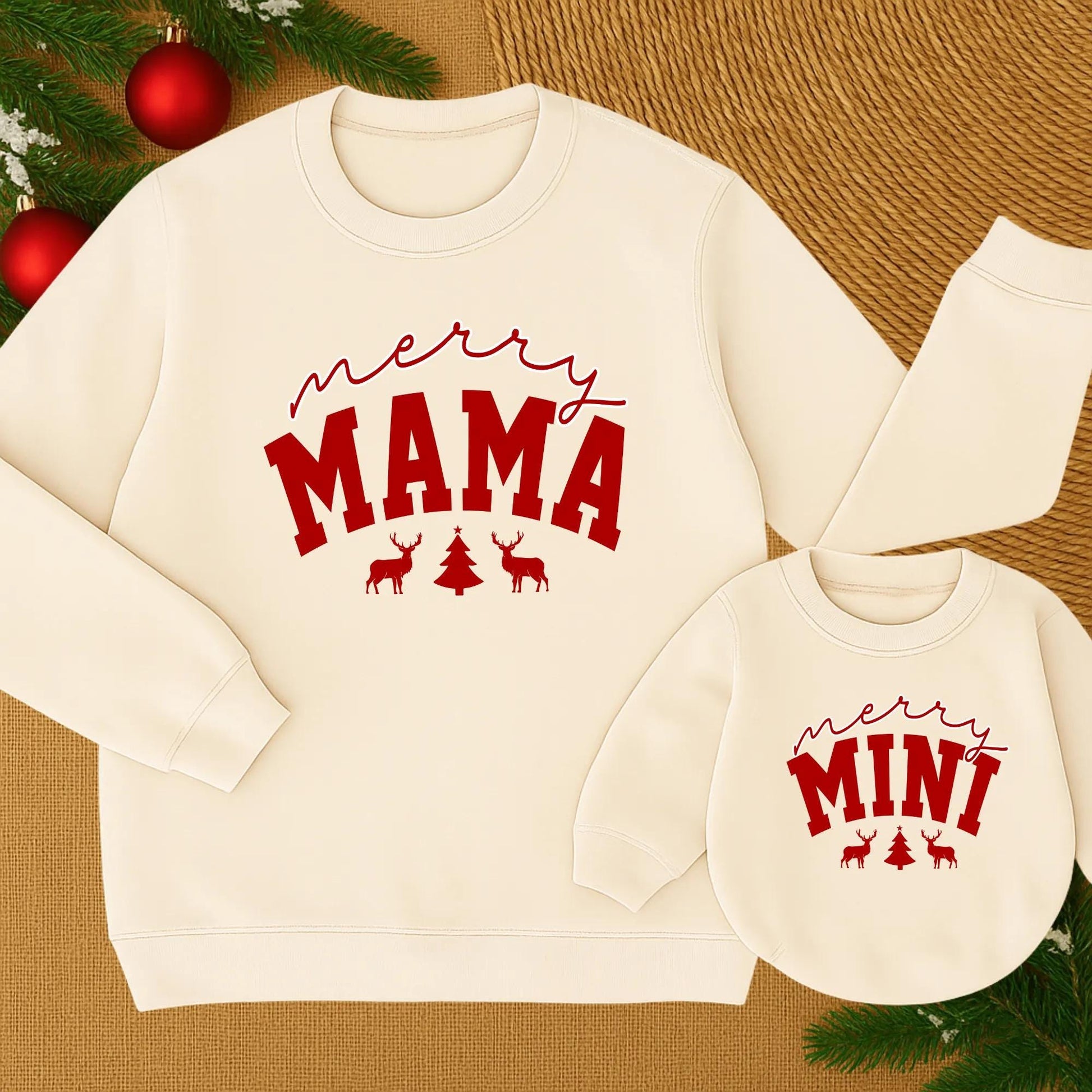 Merry Mama and Merry Mini Matching Christmas Sweatshirt Set with Festive Reindeer Tree Design Cozy Mom and Infant Holiday Apparel Soft Family Winter Wear