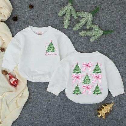 Personalized Pink Christmas Tree Bubble Romper Baby Girl First Christmas Outfit Lucia Name Adorable Pink Bow Pattern Sweatshirt Newborn Winter Pullover