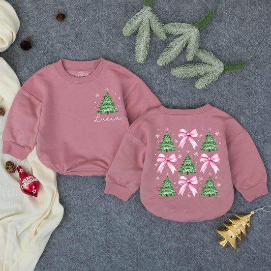 Personalized Pink Christmas Tree Bubble Romper Baby Girl First Christmas Outfit Lucia Name Adorable Pink Bow Pattern Sweatshirt Newborn Winter Pullover