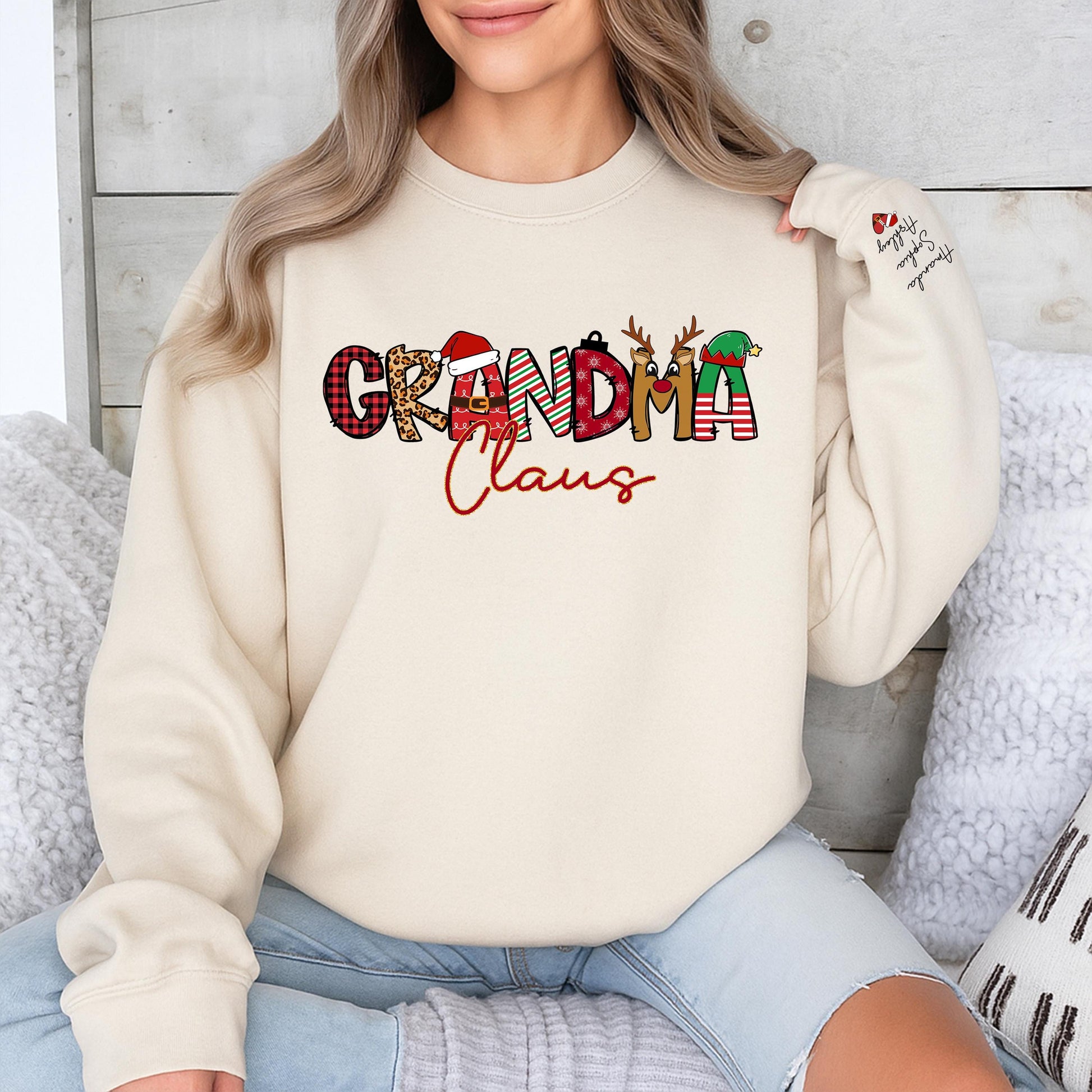 Personalized Grandma Claus Christmas Sweatshirt with Kid's Names, Family Sweater, Holiday Gift for Grandma, Nana Claus Outfit