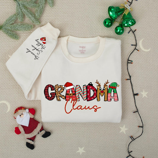Personalized Grandma Claus Christmas Sweatshirt with Kid's Names, Family Sweater, Holiday Gift for Grandma, Nana Claus Outfit