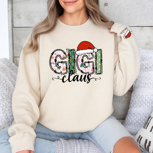 Personalized Gigi Claus Christmas Sweatshirt with Grandkids Names on Sleeve featuring festive patterned pink green white graphics comfy gift
