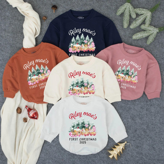 Riley Mae's First Christmas 2025 Baby Romper, Gingerbread Train Outfit, Pink Holiday Clothes, Whimsical Girl Infant Bodysuit, Cute Xmas 135