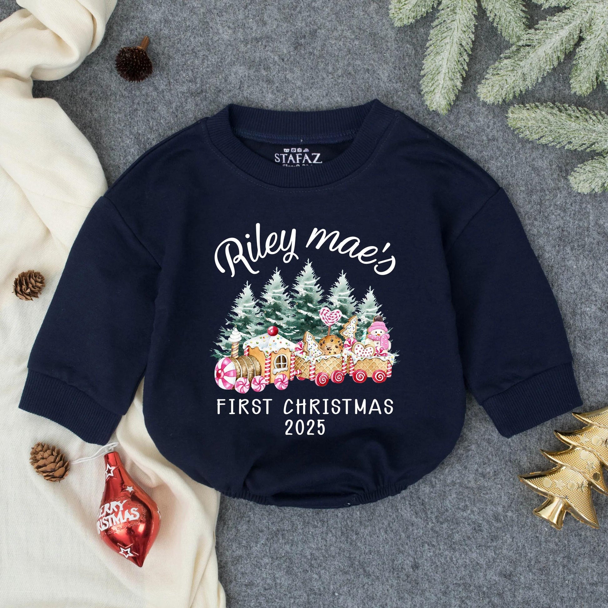 Riley Mae's First Christmas 2025 Baby Romper, Gingerbread Train Outfit, Pink Holiday Clothes, Whimsical Girl Infant Bodysuit, Cute Xmas 135