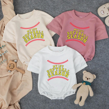 Personalized Baby Softball Romper My First Season Yellow Lettering Red Stitching Name Number Detail Game Day Summer Outfit Soft Comfortable
