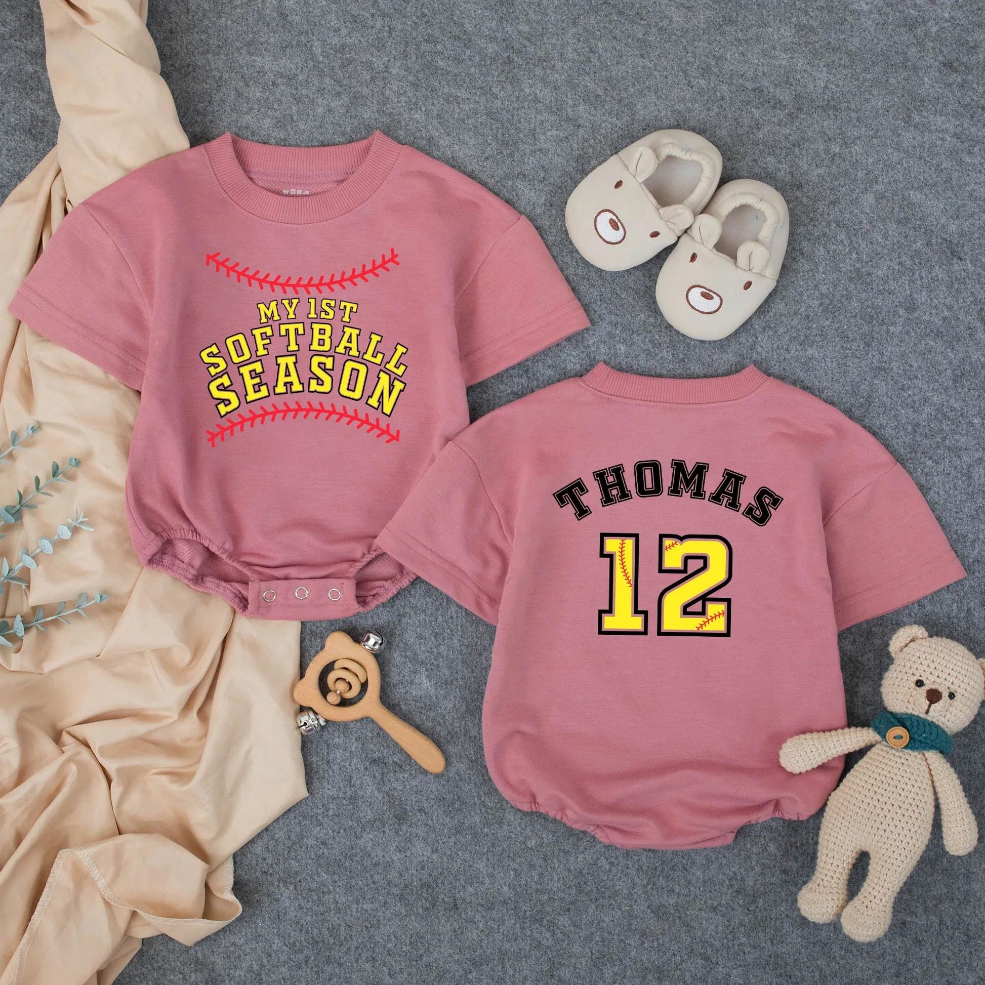 Personalized Baby Softball Romper My First Season Yellow Lettering Red Stitching Name Number Detail Game Day Summer Outfit Soft Comfortable