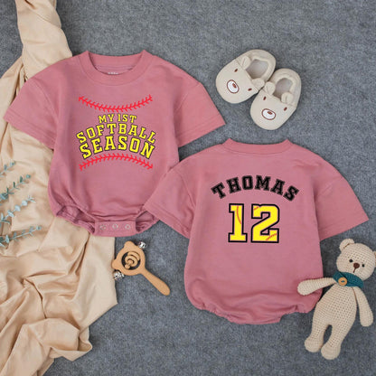 Personalized Baby Softball Romper My First Season Yellow Lettering Red Stitching Name Number Detail Game Day Summer Outfit Soft Comfortable